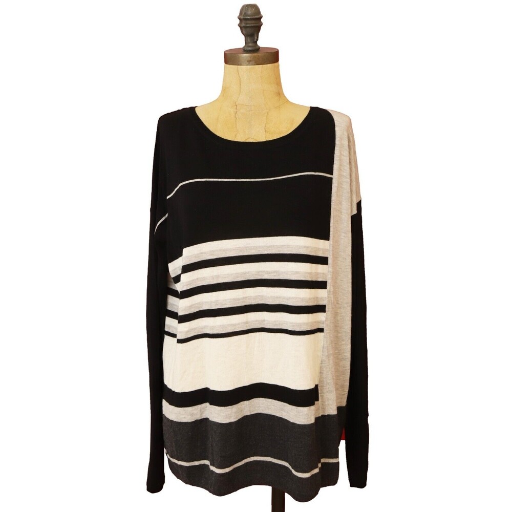 Vince Lightweight Striped Sweater S Wool Blend Black Scoop Neck L/S Top EUC B35